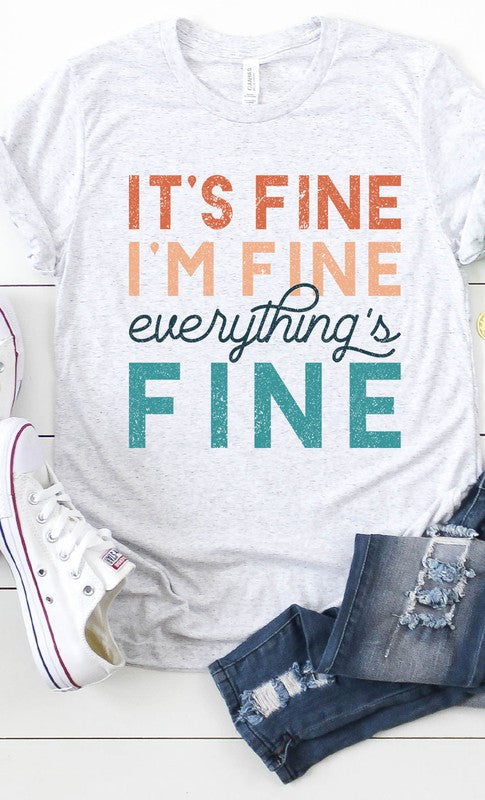 Show your optimistic side with our "Its Fine Im Fine Everythings Fine" Graphic Tee. In colors White and Cream or Ash, our 100% airlume combed and ringspun cotton makes this a soft, comfortable addition to your wardrobe. Join us in spreading positivity and making the world a better place!