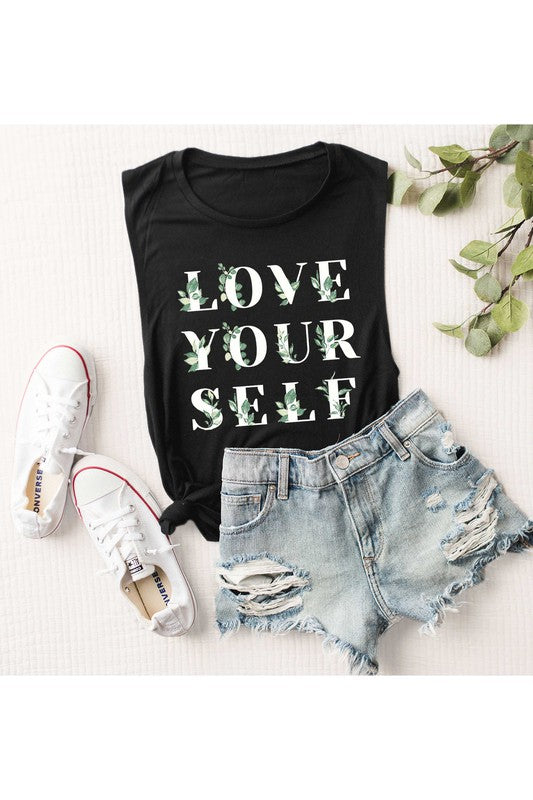 Step out of your comfort zone and get ready to conquer in the LOVE YOURSELF FLOWER GRAPHIC MUSCLE TANK. This must-have shirt challenges you to break free and take daring risks, inspiring motivation and strength. Invigorate your style and take on life's adventures!