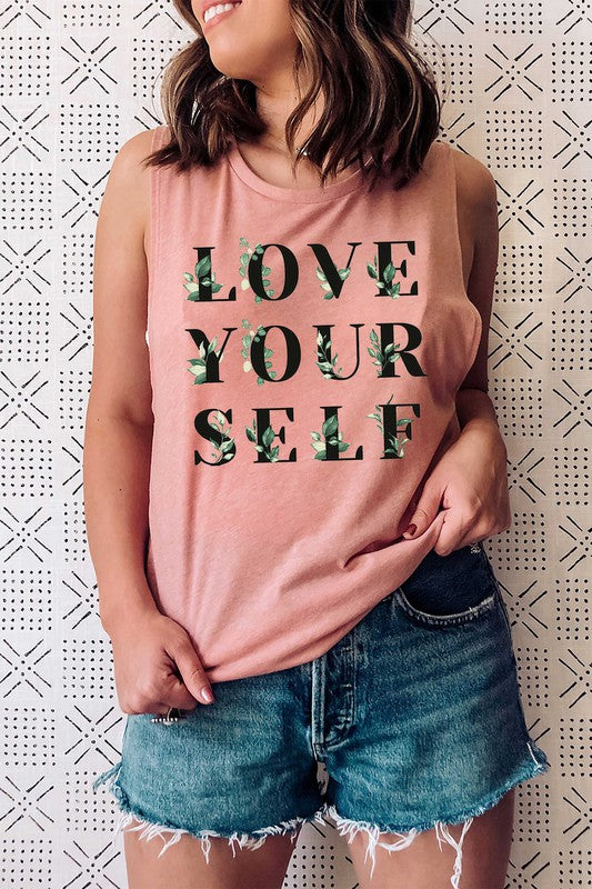 Step out of your comfort zone and get ready to conquer in the LOVE YOURSELF FLOWER GRAPHIC MUSCLE TANK. This must-have shirt challenges you to break free and take daring risks, inspiring motivation and strength. Invigorate your style and take on life's adventures!