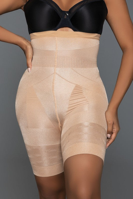 strapless body shaper, mid-thigh shapewear, seamless shapewear, contouring body shaper, smooth silhouette, shapewear for dresses, body sculpting, non-sheer shapewear, silicone grip shapewear, fitted body shaper.