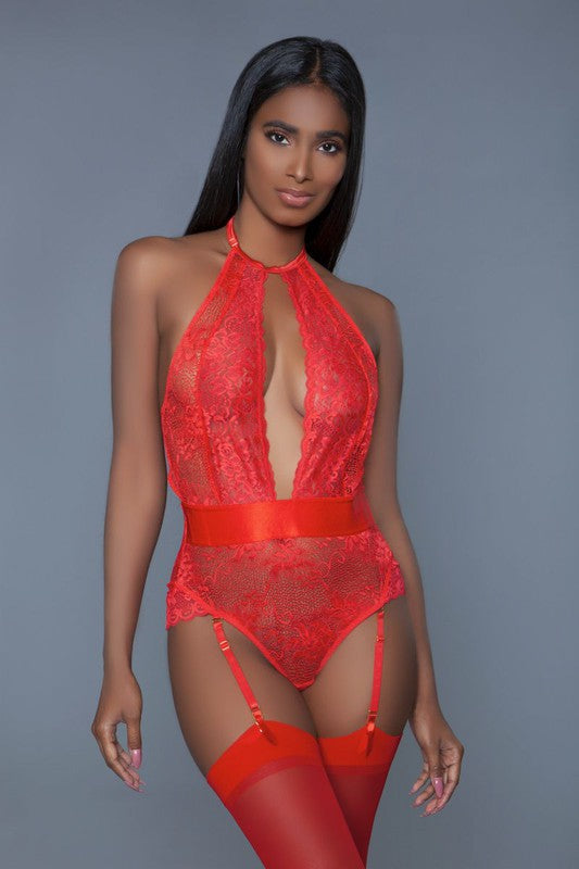 satin bodysuit, red bodysuit, lingerie with suspenders, plunging bodysuit, sexy lingerie, romantic bodysuit, halter bodysuit, lingerie set, seductive lingerie.