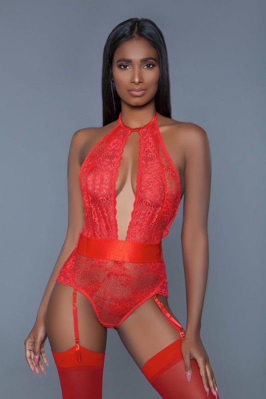 satin bodysuit, red bodysuit, lingerie with suspenders, plunging bodysuit, sexy lingerie, romantic bodysuit, halter bodysuit, lingerie set, seductive lingerie.