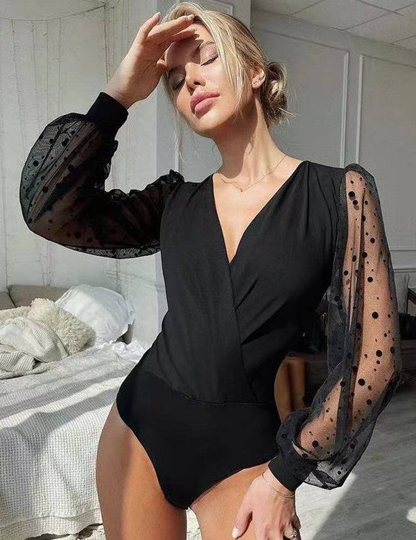 Polka Dot Mesh Long Sleeve V-Neck Bodysuit – Chic and Bold