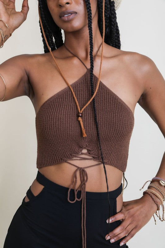 Effortlessly Chic: Lace-Up Halter Knit Bralette