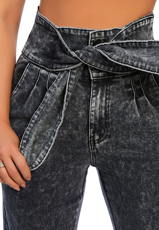 Bow Together: Trendy Paper Bag Waist Washed Denim Pants