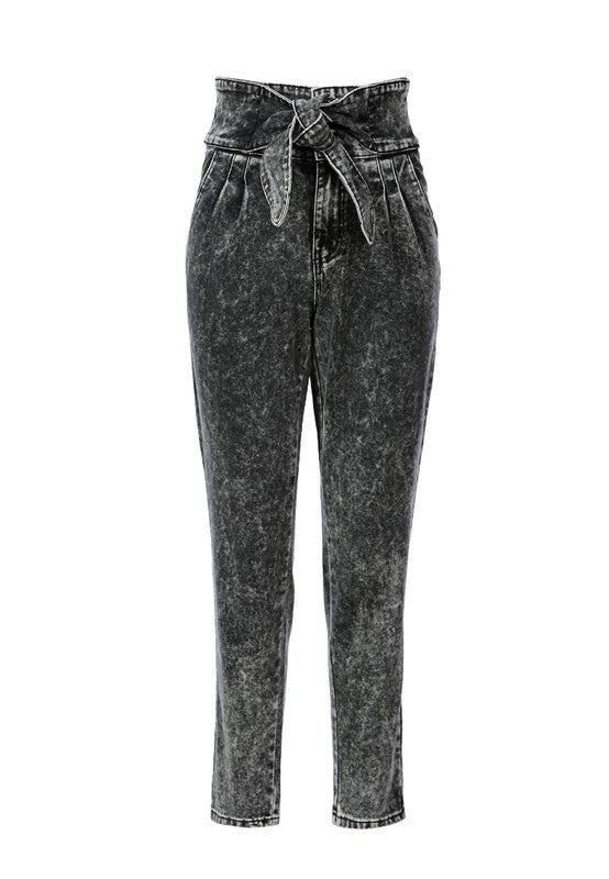 Bow Together: Trendy Paper Bag Waist Washed Denim Pants