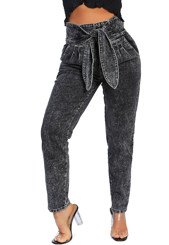 Bow Together: Trendy Paper Bag Waist Washed Denim Pants