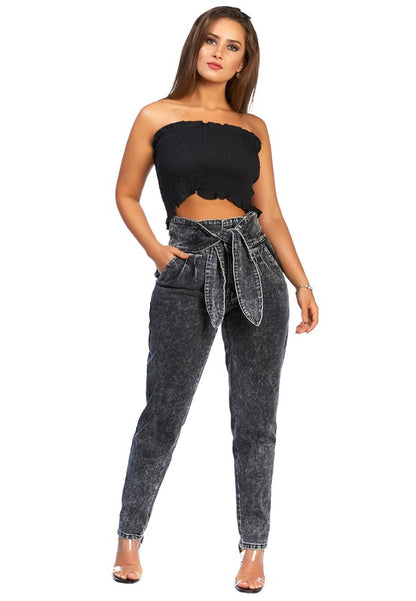 Bow Together: Trendy Paper Bag Waist Washed Denim Pants