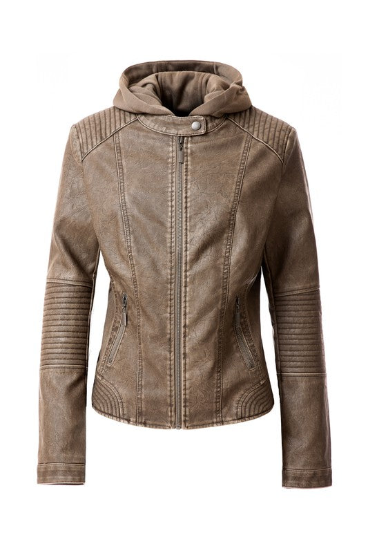 Women's PU Faux Leather Jacket with Removable Hood – Edgy & Chic