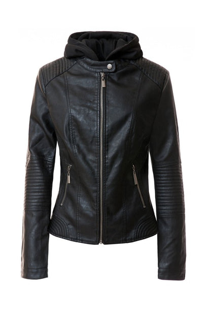 Women's PU Faux Leather Jacket with Removable Hood – Edgy & Chic