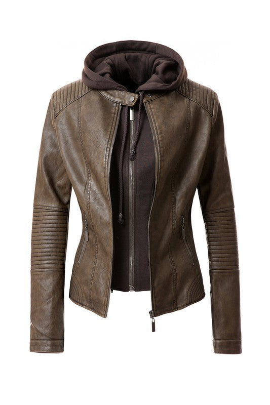 Women's PU Faux Leather Jacket with Removable Hood – Edgy & Chic