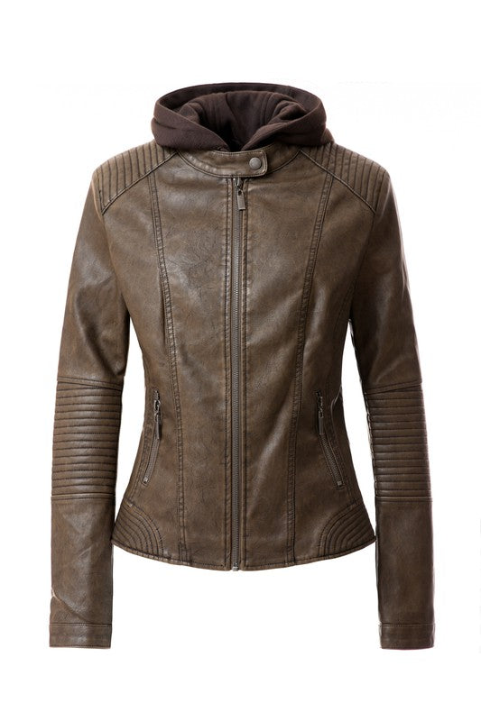 Women's PU Faux Leather Jacket with Removable Hood – Edgy & Chic