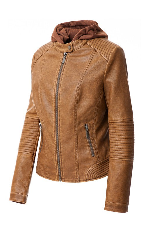 Women's PU Faux Leather Jacket with Removable Hood – Edgy & Chic