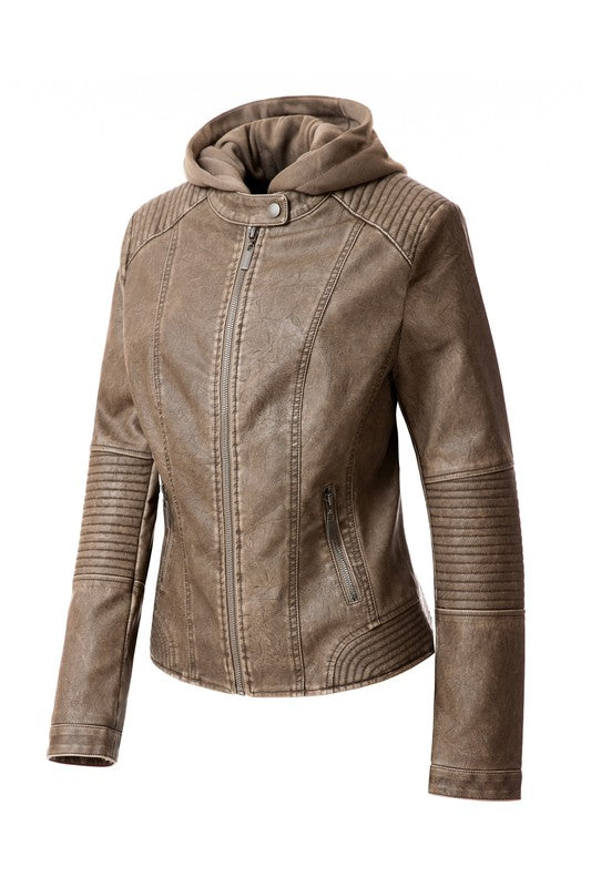 Women's PU Faux Leather Jacket with Removable Hood – Edgy & Chic