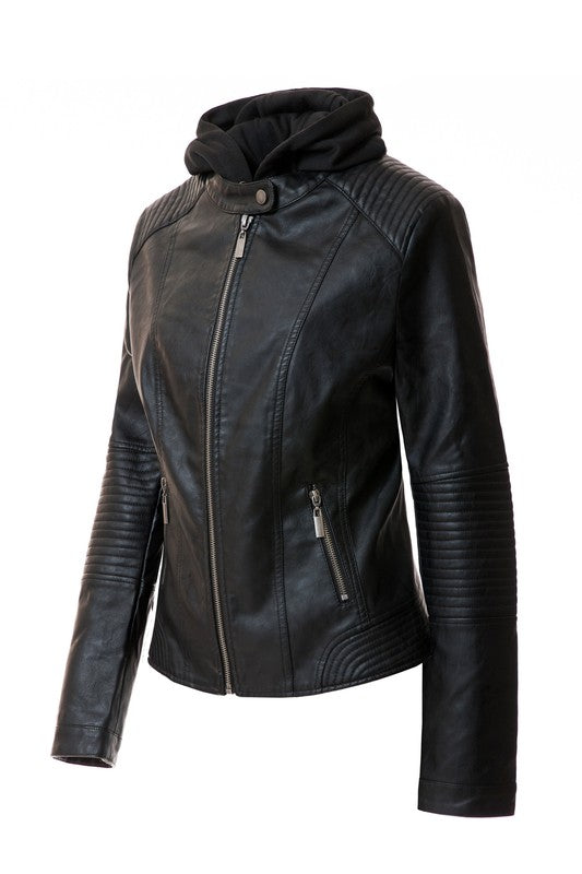 Women's PU Faux Leather Jacket with Removable Hood – Edgy & Chic