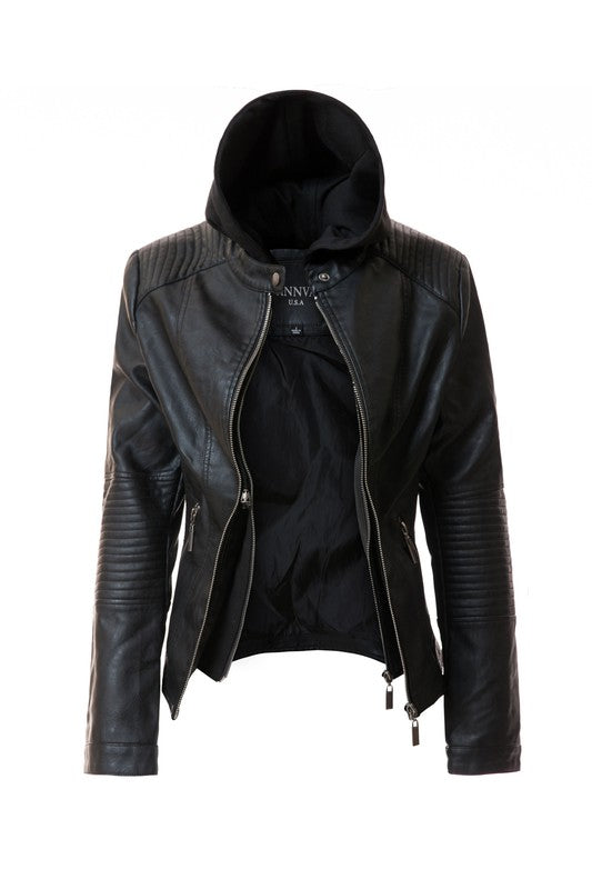 Women's PU Faux Leather Jacket with Removable Hood – Edgy & Chic