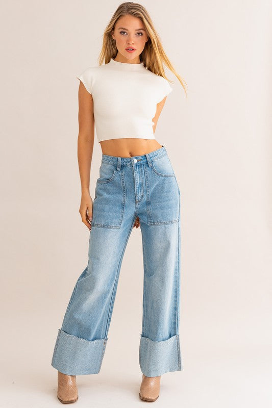 Boss Babe Vibes: High-Waisted Wide Leg Cuffed Jeans