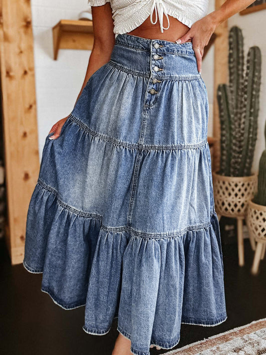 Effortless Chic Tiered Button-Fly Denim Skirt