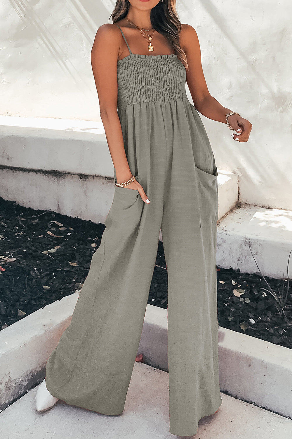 Effortlessly Chic: Smocked Wide-Leg Jumpsuit with Pockets