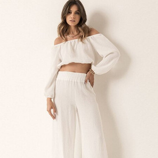 Chic & Sassy: Off Shoulder Long Sleeve Top & Pants Set – Perfect for Every Fashionista!