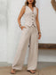 Effortlessly Chic: V-Neck Button Down Vest & Wide Leg Pants Set – Timeless Style