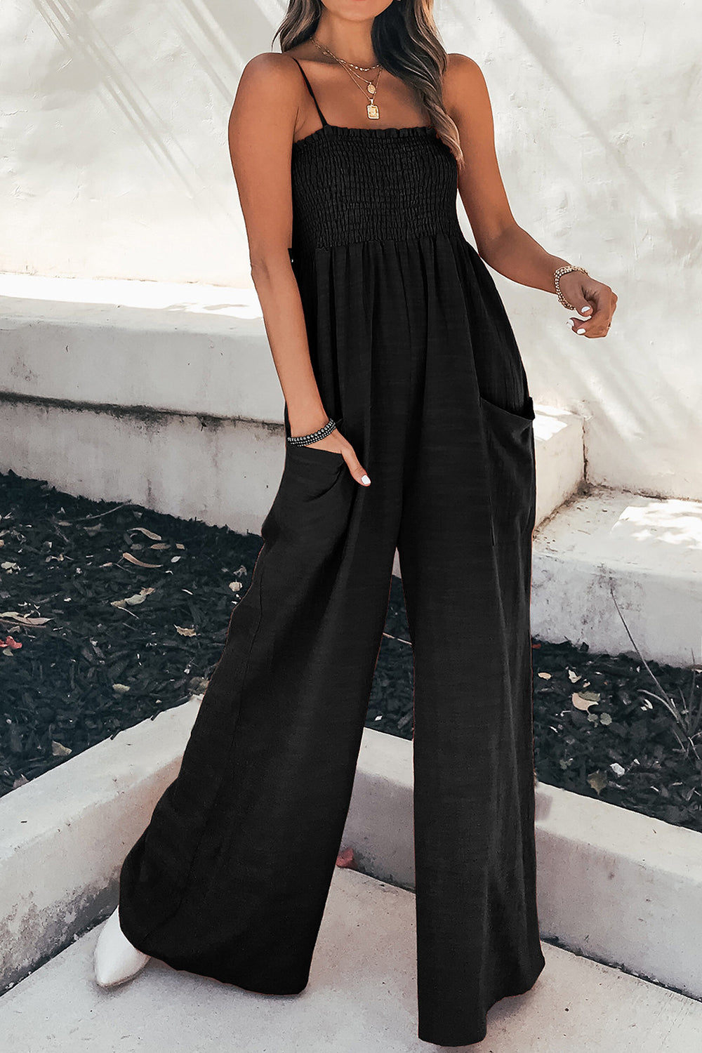 Effortlessly Chic: Smocked Wide-Leg Jumpsuit with Pockets