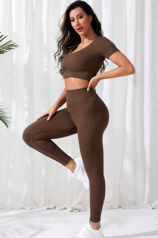 Sassy & Sweat-Ready: V-Neck Crop Top & High-Waisted Active Pants Set