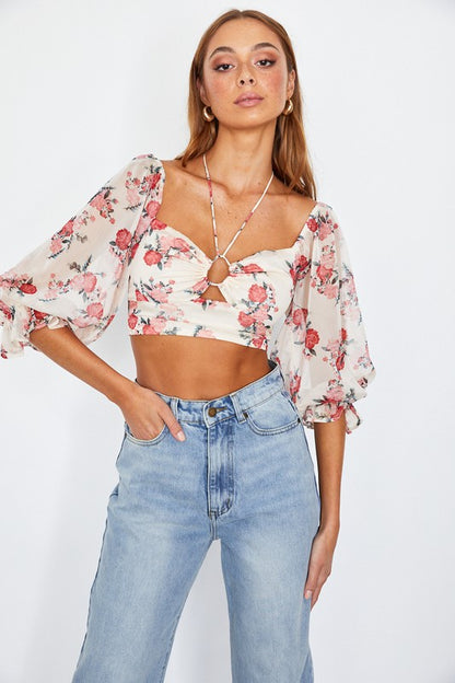 Floral Print Chiffon Balloon Sleeved Bustier Crop Top