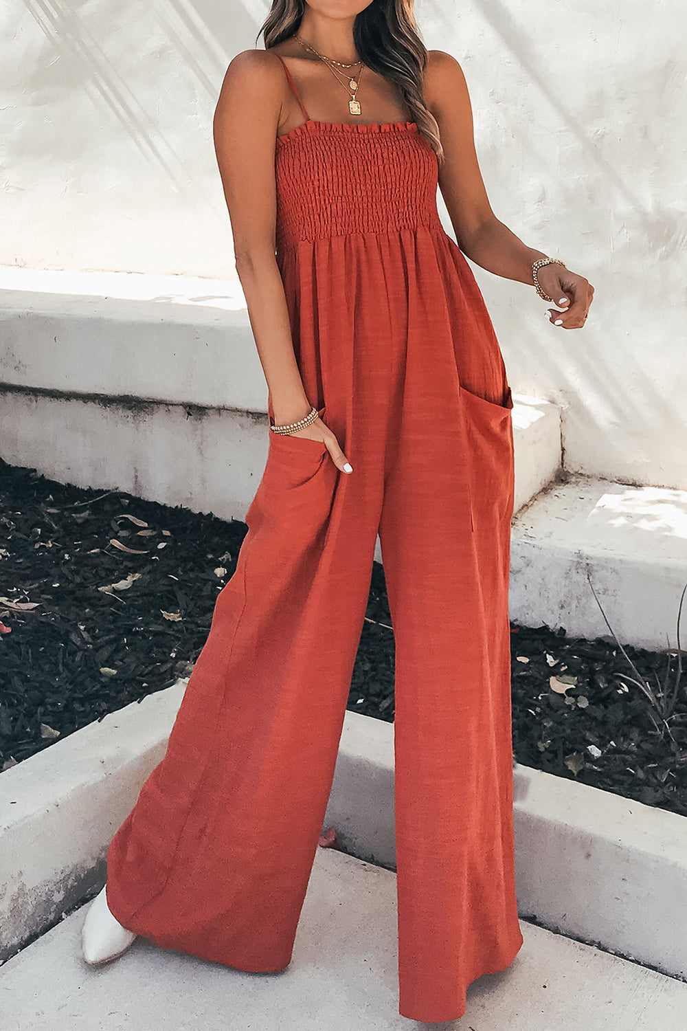 Effortlessly Chic: Smocked Wide-Leg Jumpsuit with Pockets