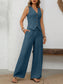 Effortlessly Chic: V-Neck Button Down Vest & Wide Leg Pants Set – Timeless Style